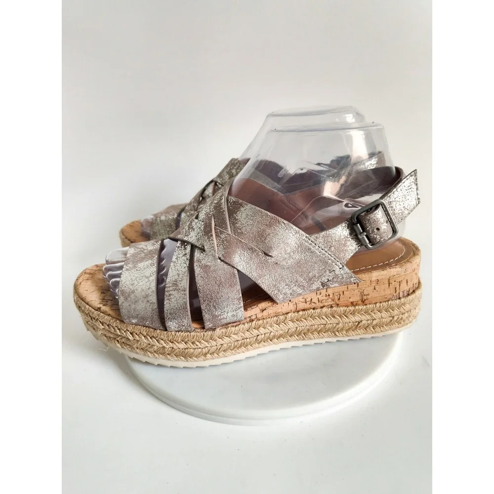 Trask Sandals 7.5 Espadrille Platform Metallic Silver Leather Strappy Boho Wedge